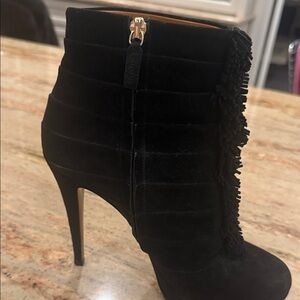 Gucci Black Suede Platform High Heeled Boots with Fringe Detail